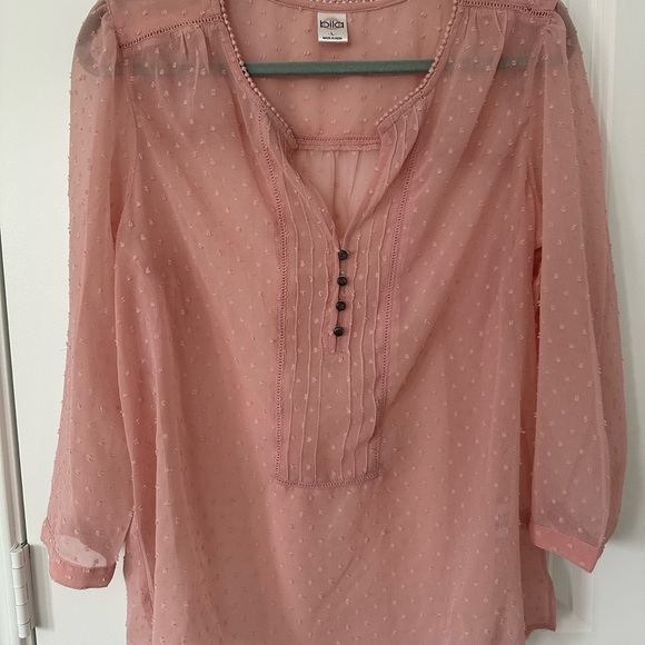 Bila Tops - Nila Pink Polka Dot Sheer Blouse with Button Down